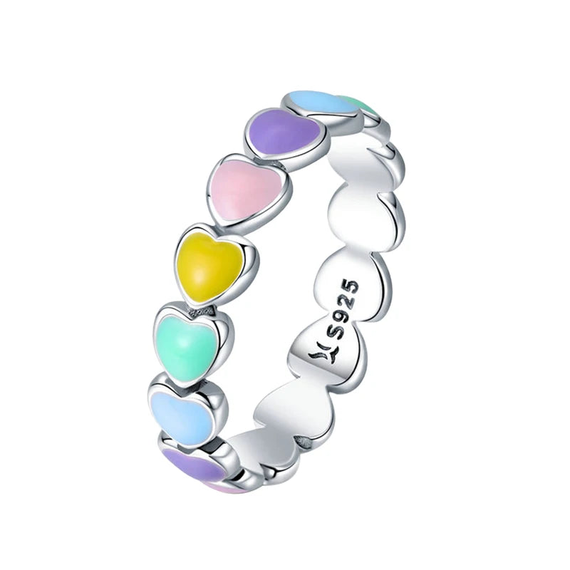 BAMOER 925 Sterling Silver Cute Rainbow Heart Finger Ring