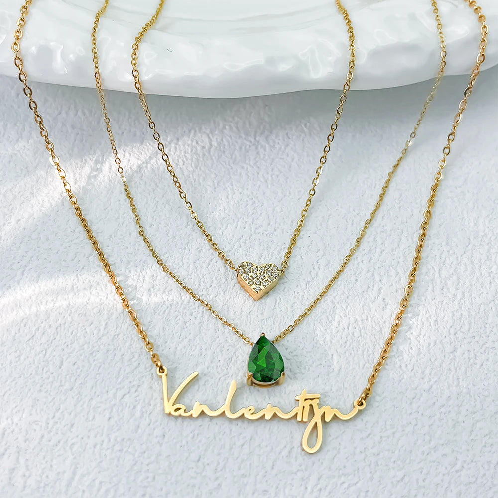 eManco Custom Layered Name Necklace Stainless Steel Teardrop