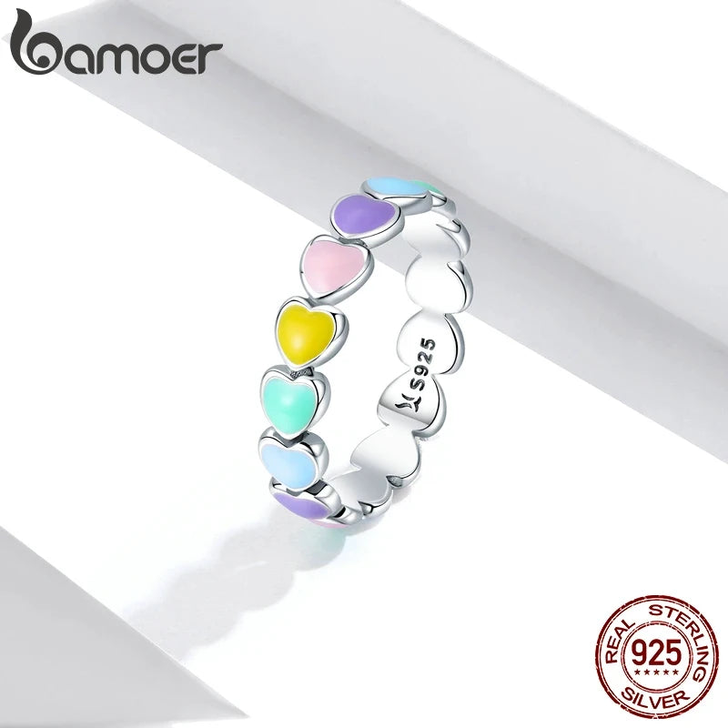BAMOER 925 Sterling Silver Cute Rainbow Heart Finger Ring