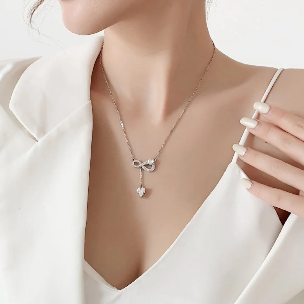 925 Sterling Silver Necklace Tassel Heart Pendant Sparkling Zircon