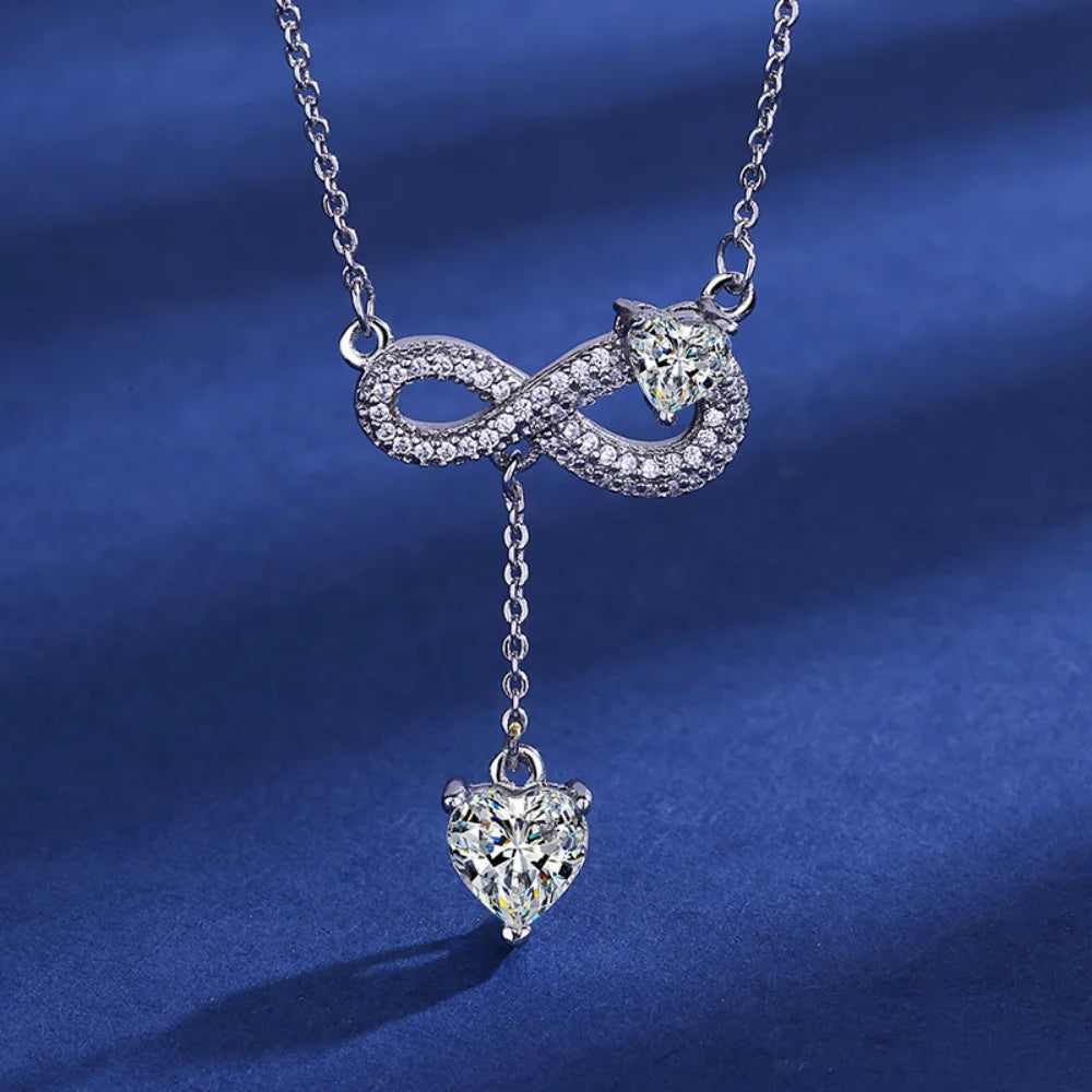 925 Sterling Silver Necklace Tassel Heart Pendant Sparkling Zircon