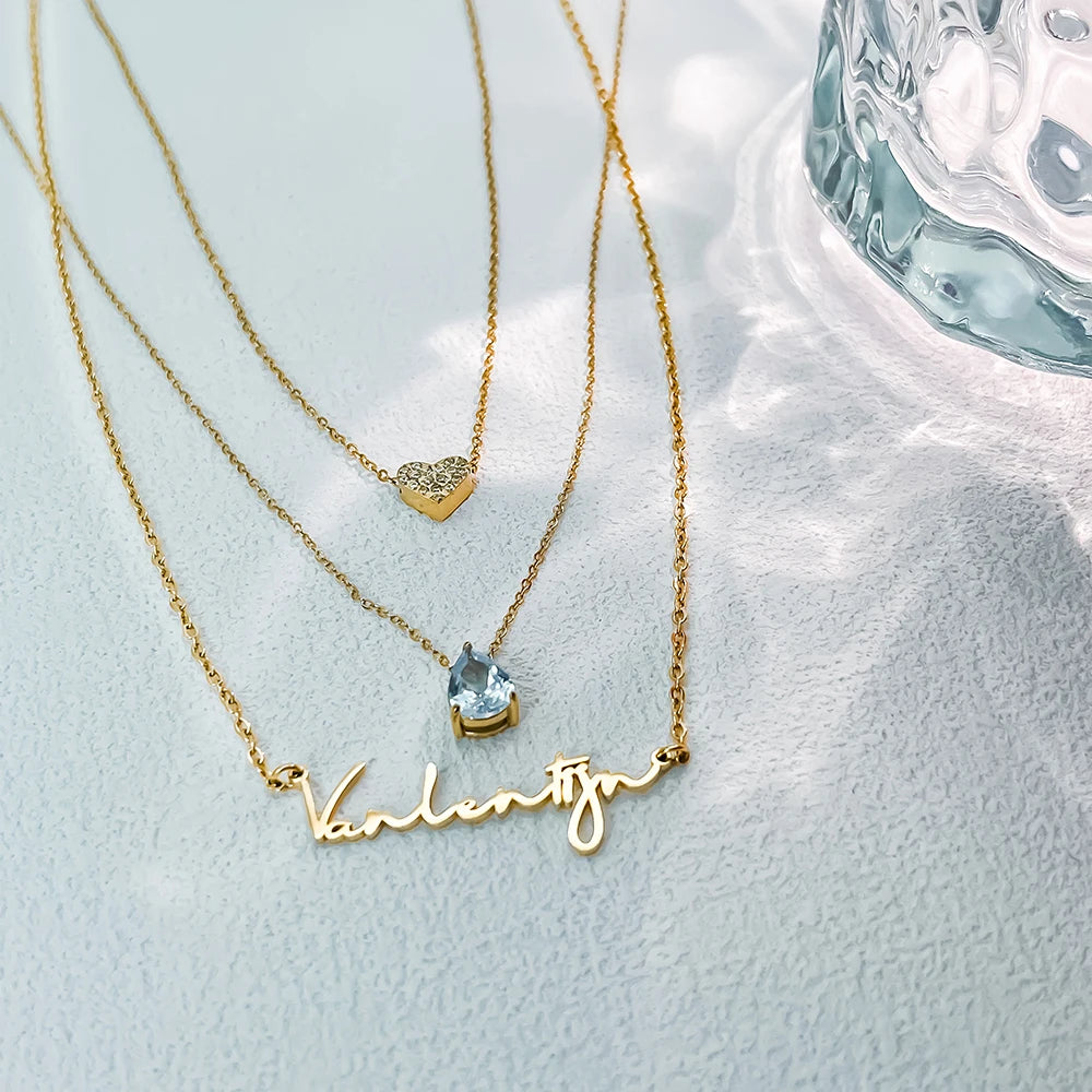 eManco Custom Layered Name Necklace Stainless Steel Teardrop