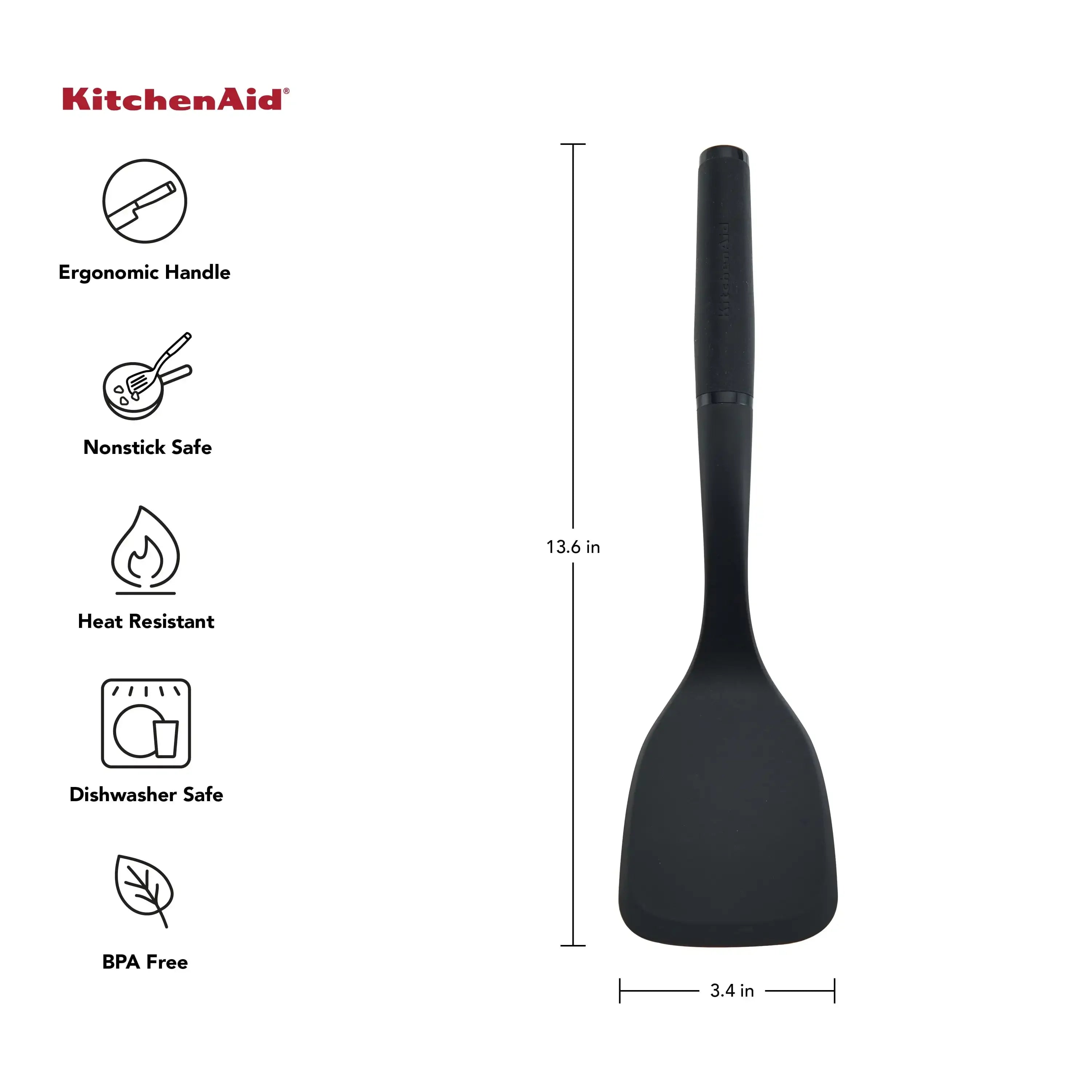 Heat Resistant Nylon Solid Turner with Black Handle, Non-Scratch