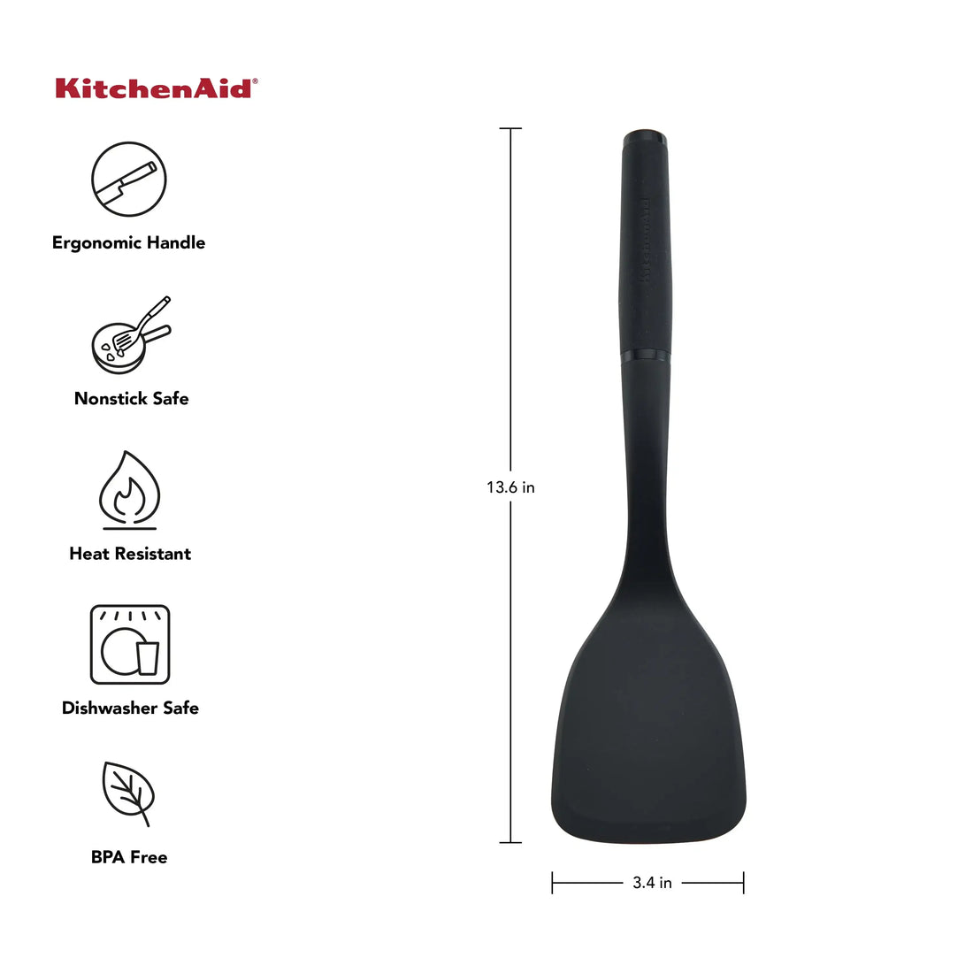 Heat Resistant Nylon Solid Turner with Black Handle, Non-Scratch