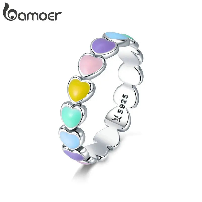 BAMOER 925 Sterling Silver Cute Rainbow Heart Finger Ring