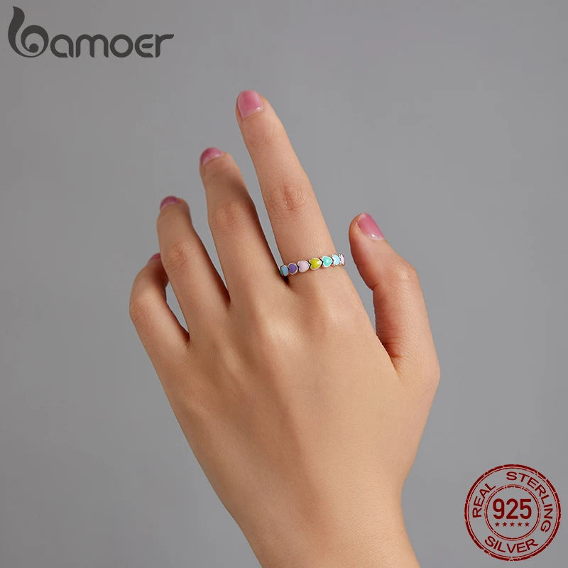 BAMOER 925 Sterling Silver Cute Rainbow Heart Finger Ring