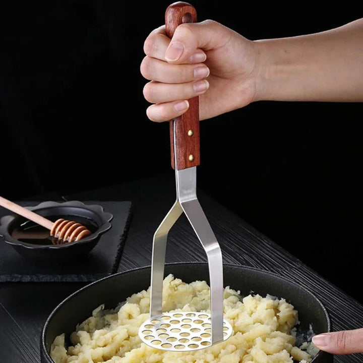 1Pc Stainless Steel Heavy Duty Potato Masher with Wooden Handle