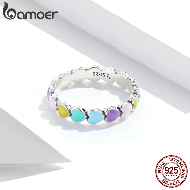BAMOER 925 Sterling Silver Cute Rainbow Heart Finger Ring