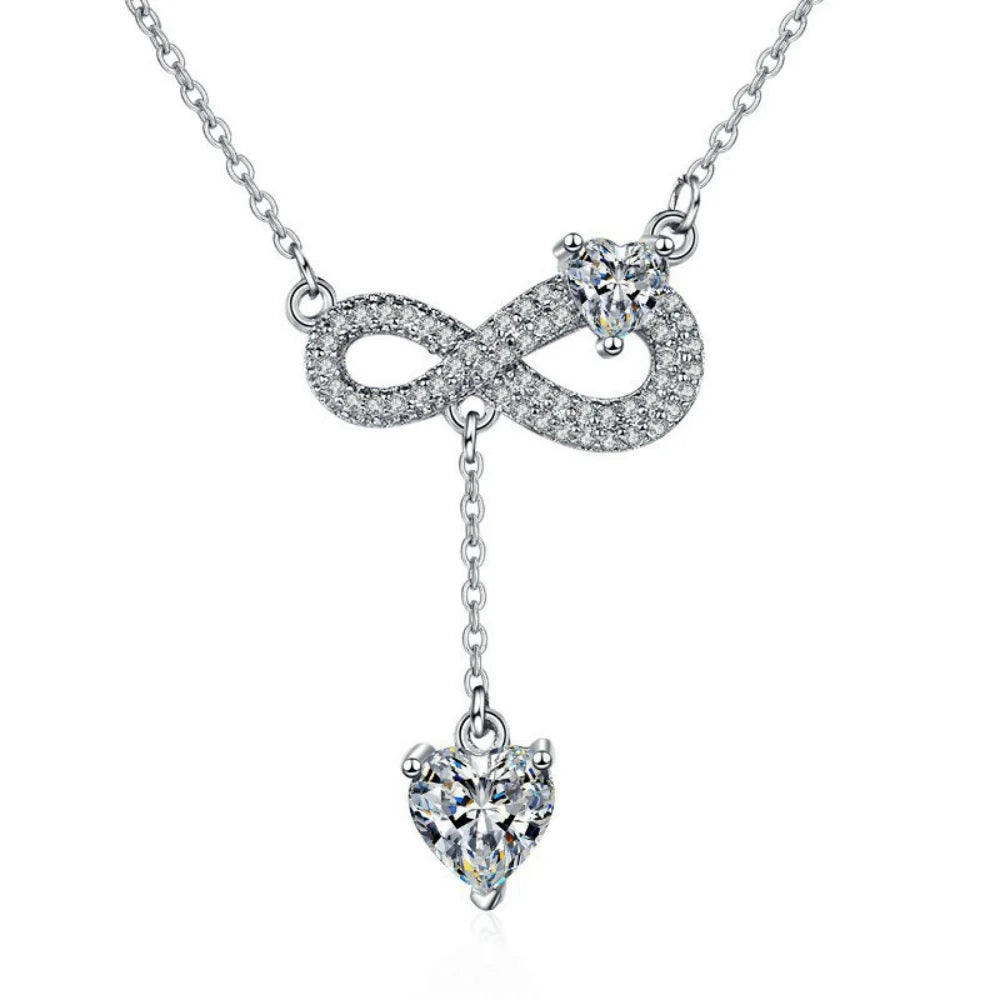 925 Sterling Silver Necklace Tassel Heart Pendant Sparkling Zircon