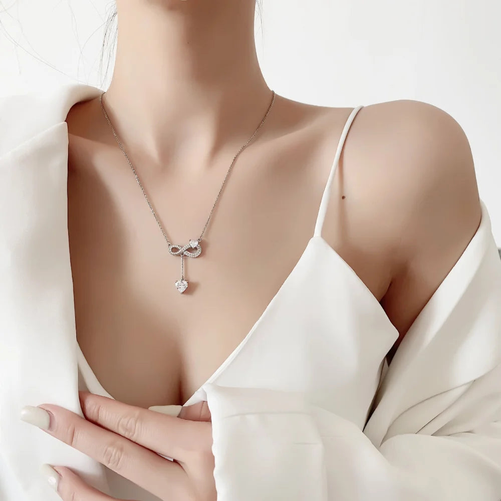 925 Sterling Silver Necklace Tassel Heart Pendant Sparkling Zircon